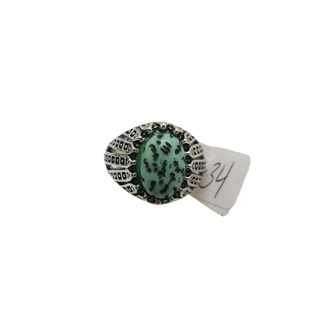Blue Black Acrylic Dotted Cabochon Silver Tone Dome Ring Size 10.75 Vintage